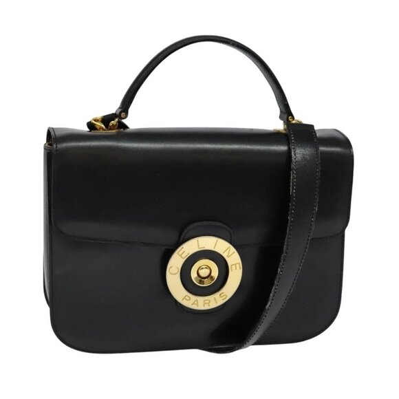 CELINE Hand Bag Leather 2way Black Gold Auth - Picture 1 of 16